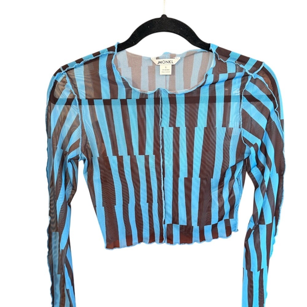 Monkl Sheer Mesh Long Sleeve Crop Top Blue Brown Stripe Optical Illusion Small